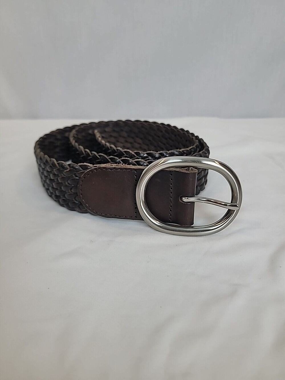 Talbots Leather Braided Belt Oval Silver Tone Buckle #6113 Size Small Brown
